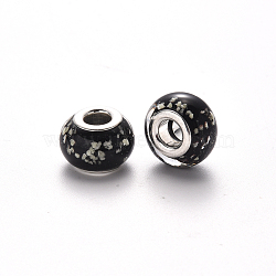 Handmade Lampwork European Beads, Large Hole Rondelle Beads, with Platinum Tone Brass Double Cores, Black, 14~15x10~11mm, Hole: 5mm(LPDL-N001-009-F11)