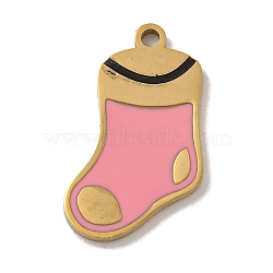 Christmas Theme 304 Stainless Steel Enamel Charms, Real 14K Gold Plated, Christmas Socking, 14x8x1mm, Hole: 1mm(STAS-Z093-02H)