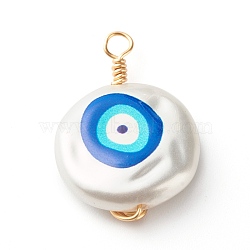 3D Printed ABS Plastic Imitation Pearl Pendants, with Eco-Friendly Copper Wire, Flat Round with Evil Eye, Real 18K Gold Plated, 26x18x5mm, Hole: 2.5mm(PALLOY-JF00872)