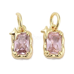 Brass Micro Pave Cubic Zirconia Charms, with Jump Ring, Rectangle with Star, Real 18K Gold Plated, Pink, 9.5x6x3mm, Hole: 3mm(KK-C051-10G-03)