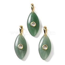 Natural Green Aventurine Pendants, with Golden Brass Micro Pave Clear Cubic Zirconia Findings, Horse Eye Shape Charm, 32~34x13.5~14.5x7.5~8mm, Hole: 5x3mm(GG-CBA1AE1-02G-02)