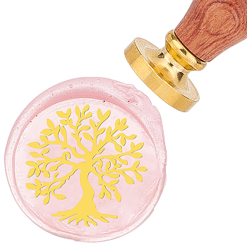 Brass Wax Seal Stamp with Rosewood Handle, for DIY Scrapbooking, Tree of Life Pattern, 25mm