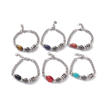 Mixed Gemstone Beaded Bracelet for Girl Women, 201 Stainless Steel Wheat Chain Bracelet, Antique Silver & Stainless Steel Color, 7-1/2 inch(19~19.2cm)