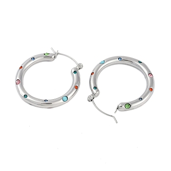 304 Stainless Steel Hoop Earrings for Women, with Colourful Cubic Zirconia, Stainless Steel Color, 31x4mm