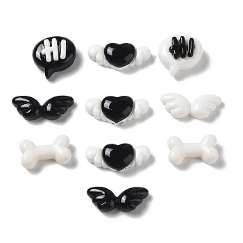 Opaque Resin Cabochons, Heart & Wing & Bowknot, Mixed Shapes, Black, White, 12.5~18x8~12.5x4~6.5mm