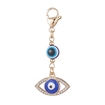 Evil Eye Alloy Enamel with Rhinestone Pendant Decoration, Resin Beads and 304 Stainless Steel Lobster Claw Clasps, Eye, 51mm