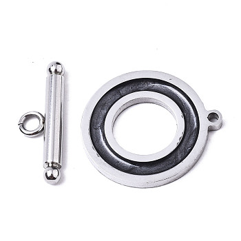 201 Stainless Steel Toggle Clasps, with Enamel, Ring, Stainless Steel Color, Black, Ring: 22x20x2mm, Hole: 1.5mm, Bar: 21x7x3mm, Hole: 2mm