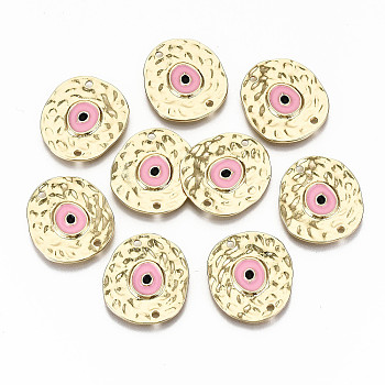 Hammered Alloy Enamel Links Connectors, Cadmium Free & Nickel Free & Lead Free, Light Gold, Oval, Pink, 26x23.5x2mm, Hole: 1.8mm