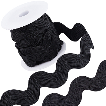 Polyester Wavy Fringe Trim, Wave Bending Lace Ribbon, for Clothes Sewing and Art Craft Decoration, Black, 1-1/8 inch(30mm), about 5 yards