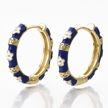Brass Huggie Hoop Earrings, with Enamel, Real 18K Gold Plated, Flower Pattern, Blue, 26x28x4mm, Pin: 1x1.5mm