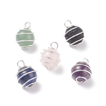 Natural Gemstone Pendants, with Silver Tone Copper Wire Wrapped, Round, 17.5x13.5mm, Hole: 3~3.5mm