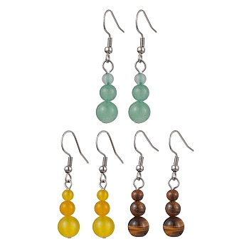 3 Pairs 3 Styles Natural Malaysia Jade & Green Aventurine & Tiger Eye Dangle Earrings, with 304 Stainless Steel Ear Wires, Round, 41.5~42.5x8.5mm