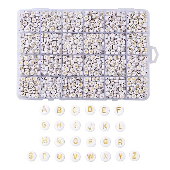 Plating Acrylic Beads, Golden Metal Enlaced, Horizontal Hole, Flat Round with Alphabet, White, Letter A~Z, 7x3.5mm, Hole: 1.2mm, 26letters, about 73pcs/letter, 1898pcs/box