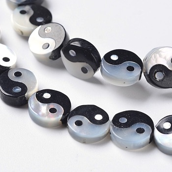 Feng Shui White Shell Bead Strands, with Natural Black Agate, Flat Round, Yin Yang, Black, 8x2.5mm, Hole: 0.5mm, about 24pcs/strand, 8.1 inch