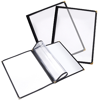 PVC Menu Cover Holders, 3 Page 6 View Menu Sleeve, Fits A4 Size Paper, with Imitation Leather Edge, for Bar Cafe Restaurant, Black & Clear, 315x238x8mm