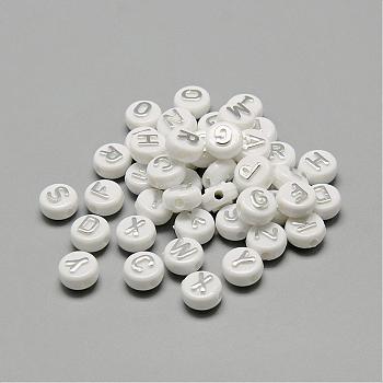 Plating Acrylic Beads, Silver Metal Enlaced, Horizontal Hole, Mixed Letters, Flat Round, Silver, 9.5~10x6mm, Hole: 2mm, about 1532pcs/500g