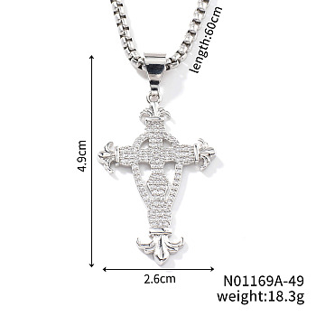 Hip-hop Style Brass Clear Cubic Zirconia Cross Pendant Box Chain Necklaces, Platinum, 23.62 inch(60cm)