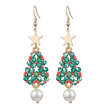 Glass Seed & Glass Pearl Beads Tree Dangle Earrings, 304 Stainless Steel Earring Hooks for Women, Golden, Teal, 70x19.5mm