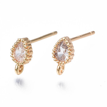 Brass Stud Earring Findings, with Loop, Cubic Zirconia, Teardrop, Clear, Nickel Free, Real 18K Gold Plated, 7.5x4mm, Hole: 1mm