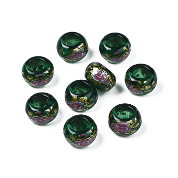 Flower Printed Transparent Acrylic Rondelle Beads, Large Hole Beads, Green, 15x9mm, Hole: 7mm