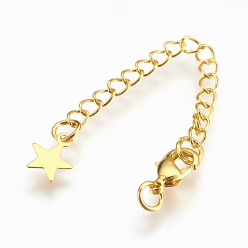 Brass Chain Extender, with Lobster Claw Clasps, Cadmium Free & Nickel Free & Lead Free, Long-Lasting Plated, Star, Real 18K Gold Plated, 70~75x3mm, Hole: 2.5mm, Clasps: 10x6x3mm