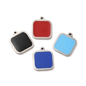 304 Stainless Steel Enamel Pendants, Square Charm, Stainless Steel Color, Mixed Color, 13x11x1.4mm, Hole: 1mm