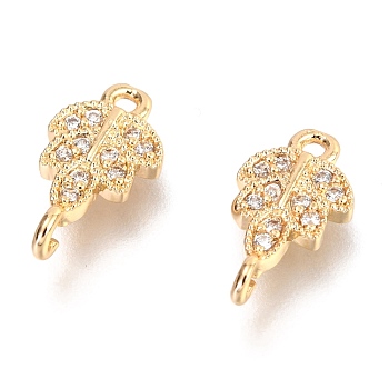 Brass Micro Pave Clear Cubic Zirconia Links Connectors, Long-Lasting Plated, Leaf, Real 14K Gold Plated, 12x6.5x2.8mm, Hole: 1mm and 1.2mm 
