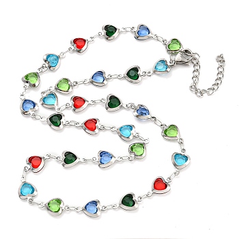 304 Stainless Steel & Glass Heart Link Chain Necklaces, Stainless Steel Color, Colorful, 16.38 inch(41.6cm)