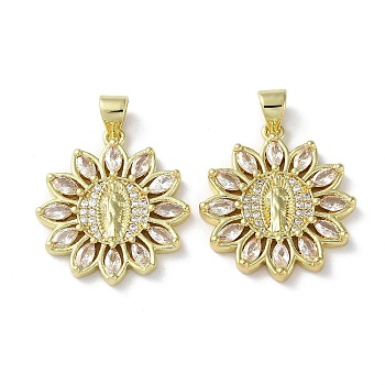 Rack Plating Brass Cubic Zirconia Pendants, Lead Free & Cadmium Free, Flower with Saint, Real 18K Gold Plated, 22x20x3mm, Hole: 5x3.5mm