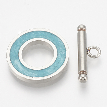 201 Stainless Steel Toggle Clasps, with Enamel, Ring, Turquoise, Ring: 19.5x2mm, Inner Diameter: 10mm, Bar: 21x7x3mm, Hole: 2mm
