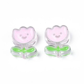 Transparent Acrylic Beads, with Enamel, Flower with Smiling Face, Pearl Pink, 25x20x9mm, Hole: 3mm