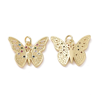 Brass Cubic Zirconia Pendants, with Jump Ring, Butterfly Charm, Real 18K Gold Plated, 17.5x21.5x3mm, Hole: 3.4mm