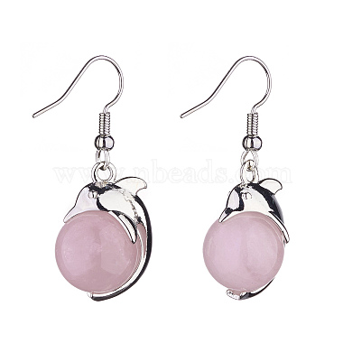 Boucles d'oreilles pendantes dauphin en quartz rose naturel avec strass en cristal(EJEW-A092-20P-07)-2