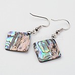 Rhombus Platinum Tone Brass Natural Paua Shell Dangle Earrings, 46mm, Pin: 0.8mm(EJEW-M060-05-01)