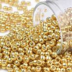 TOHO 8/0 Round Beads, Japanese Seed Beads, (557) Gold Metallic, 3mm, Hole: 1mm, about 222pcs/10g(X-SEED-TR08-0557)