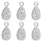 6Pcs Rhodium Plated 925 Sterling Silver Pendant, with Cubic Zirconia, Teardrop Charms, with 925 Stamp, Real Platinum Plated, 9x4.5x1.3mm, Hole: 0.9mm(STER-PH0003-36)
