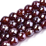 Electroplate Natural Agate Beads Strands, Dyed, Faceted, Pearl Luster Plated, Round, Dark Red, 8.5x7~8mm, Hole: 1.2mm, about 47~48pcs/strand, 13.78 inch~13.98 inch(35cm~35.5cm)(G-T131-54I)