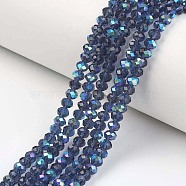 Electroplate Glass Beads Strands, Half Rainbow Plated, Faceted, Rondelle, Marine Blue, 8x6mm, Hole: 1mm, about 63~65pcs/strand, 39~40cm(EGLA-A034-T8mm-L15)