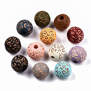 Painted Natural Wood Beads, Laser Engraved Pattern, Round with Leopard Print, Mixed Color, 15~16x15mm, Hole: 4mm(X-WOOD-T021-53B-M)