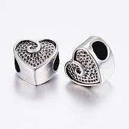 304 Stainless Steel European Beads, Large Hole Beads, Heart, Antique Silver, 10.5x11.5x9mm, Hole: 5mm(STAS-E131-03AS)