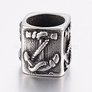 304 Stainless Steel Beads, Large Hole Beads, Cube with Anchor, Antique Silver, 11x12x13mm, Hole: 8.5mm(X-STAS-H440-20AS)