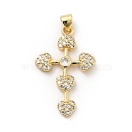 Rack Plating Brass Micro Pave Cubic Zirconia Pendants, Long-Lasting Plated, Lead Free & Cadmium Free, Cross with Heart, Religion, Real 18K Gold Plated, 31x19.5x2.5mm, Hole: 3.5x4mm(ZIRC-F129-37G)