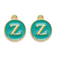 Golden Plated Alloy Enamel Charms, Enamelled Sequins, Flat Round with Alphabet, Letter.Z, Green, 14x12x2mm, Hole: 1.5mm(X-ENAM-Q437-15Z)