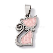 201 Stainless Steel Enamel Pendants, with Rhinestones, Cat Charm, Pink, 26x15x2mm, Hole: 7x4mm(STAS-Q342-16P-01)