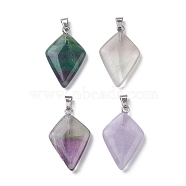 Natural Fluorite Pendants, Kite Charms with Stainless Steel Color Plated Stainless Steel Snap on Bails, 28~28.5x18x5.5mm, Hole: 5.5x3.5mm(G-C110-03B-P)