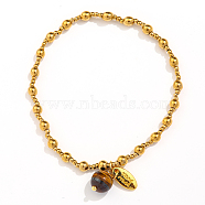 304 Stainless Steel Stretch Bracelets for Women, with 18K Gold Plated Oval Charm & Natural Tiger Eye
Bead, 7-1/8 inch(18cm)(RI5247-1)