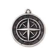 304 Stainless Steel Pendants, Flat Round with Compass, Antique Silver, 23x20x3mm, Hole: 1.6mm(STAS-E158-13AS)