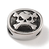 Retro 304 Stainless Steel Slide Charms/Slider Beads, Oval with Skull, Antique Silver, 13x16x10mm, Hole: 9.5x6mm(STAS-L274-018AS)