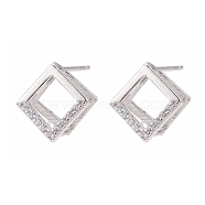 925 Sterling Silver Stud Earring Findings, with Micro Pave Cubic Zirconia, Bar Links and Ice Pick Pinch Bail, Rhombus, Platinum, 10x10mm, Pin: 0.8mm(STER-F048-28P)