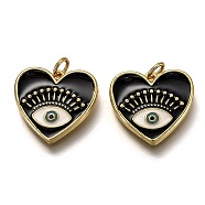 Brass Micro Pave Cubic Zirconia Pendants, with Enamel and Jump Rings, Heart with Eye, Black, Real 18K Gold Plated, 18x19x2.4mm, Hole: 3.2mm(ZIRC-B0003-30G)